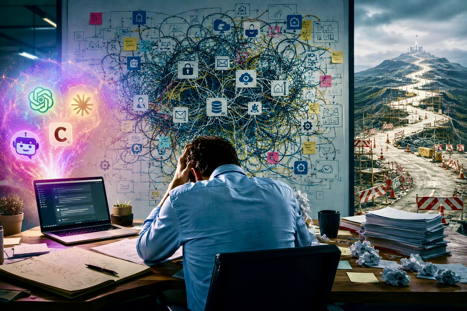 Ein Business-Team, das von der Komplexität produktiver KI-Systeme überfordert ist
