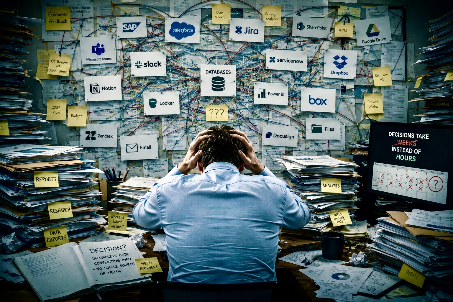 Eine gestresste Person, umgeben von App-Logos und verstreuten Unternehmensdaten